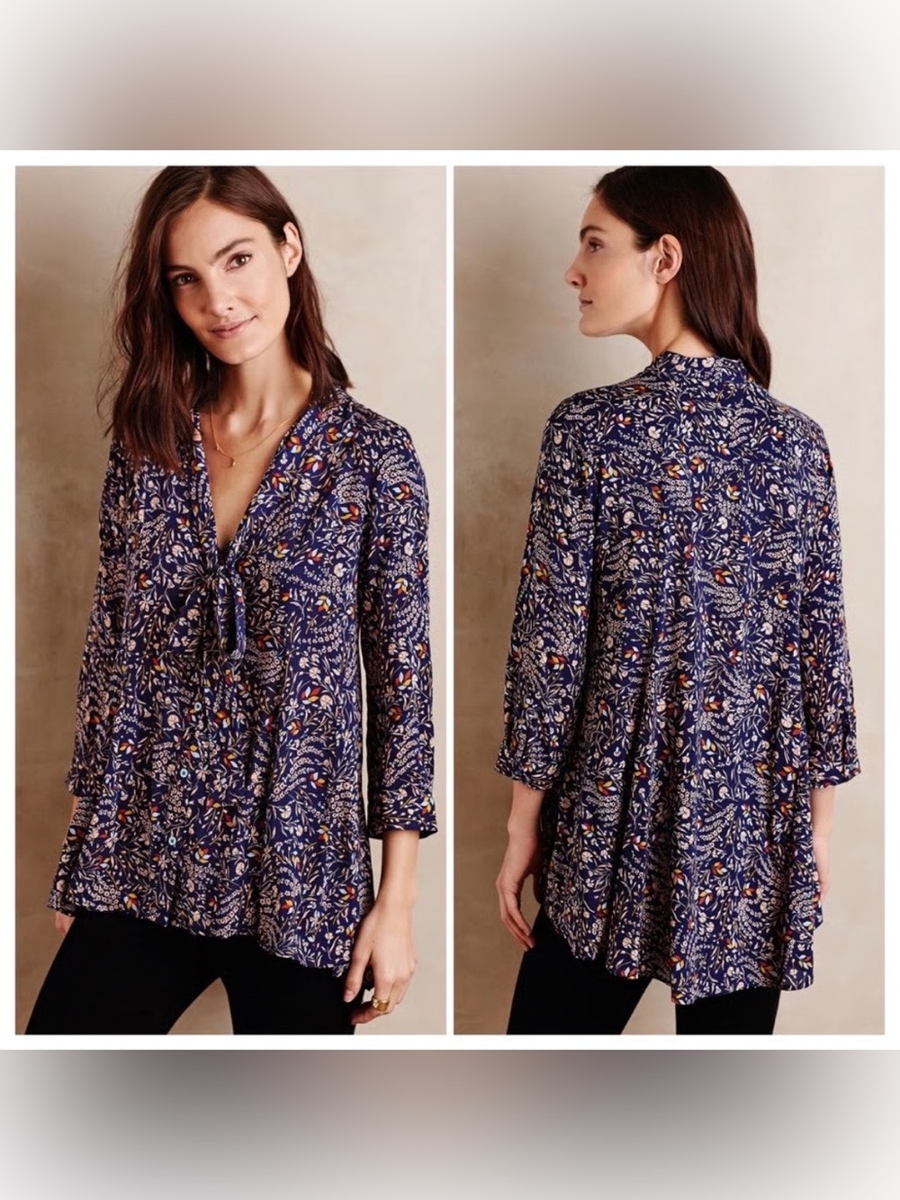 Maeve Anthropologie Floral Tie Neck Tunic Blouse Blue 3/4 Sleeve Size Small